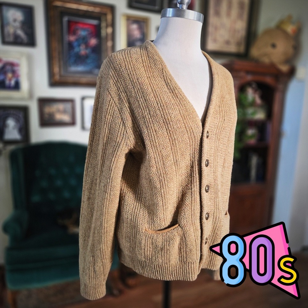 Vintage 80s Puritan Mens‎ Cardigan Sweater Tan Knit V-Neck Button Front Size M